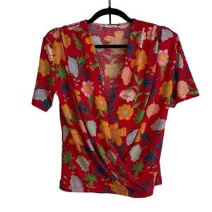Zara Trafaluc Red Floral Faux Wrap Surplice V-Neck Short Sleeve Top Size M